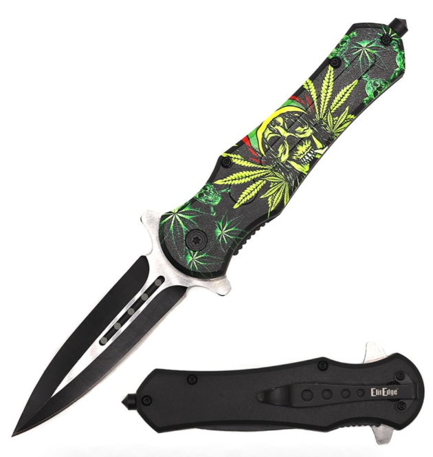 Skull Cannabis Dagger Style Spring Assisted Open Folding Pocket Knife