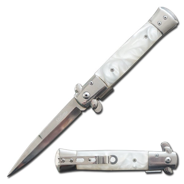 5" Closed Stiletto Style Spring Assisted Open Pocket Knife White Pearl Handle