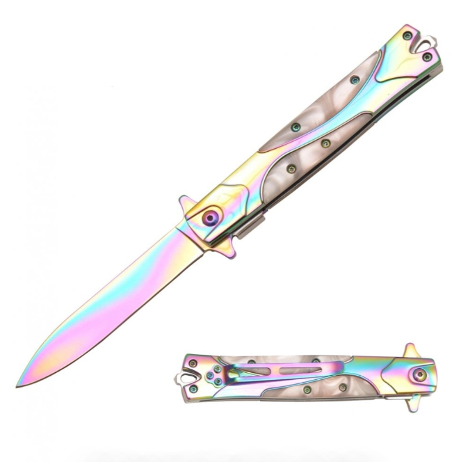 Rainbow Stiletto Style Spring Assisted Knife - White Pearl Handle