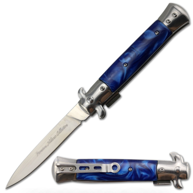 5" Closed Italian Milano Blue Stiletto Style Spring Assisted Open Pocket Knife