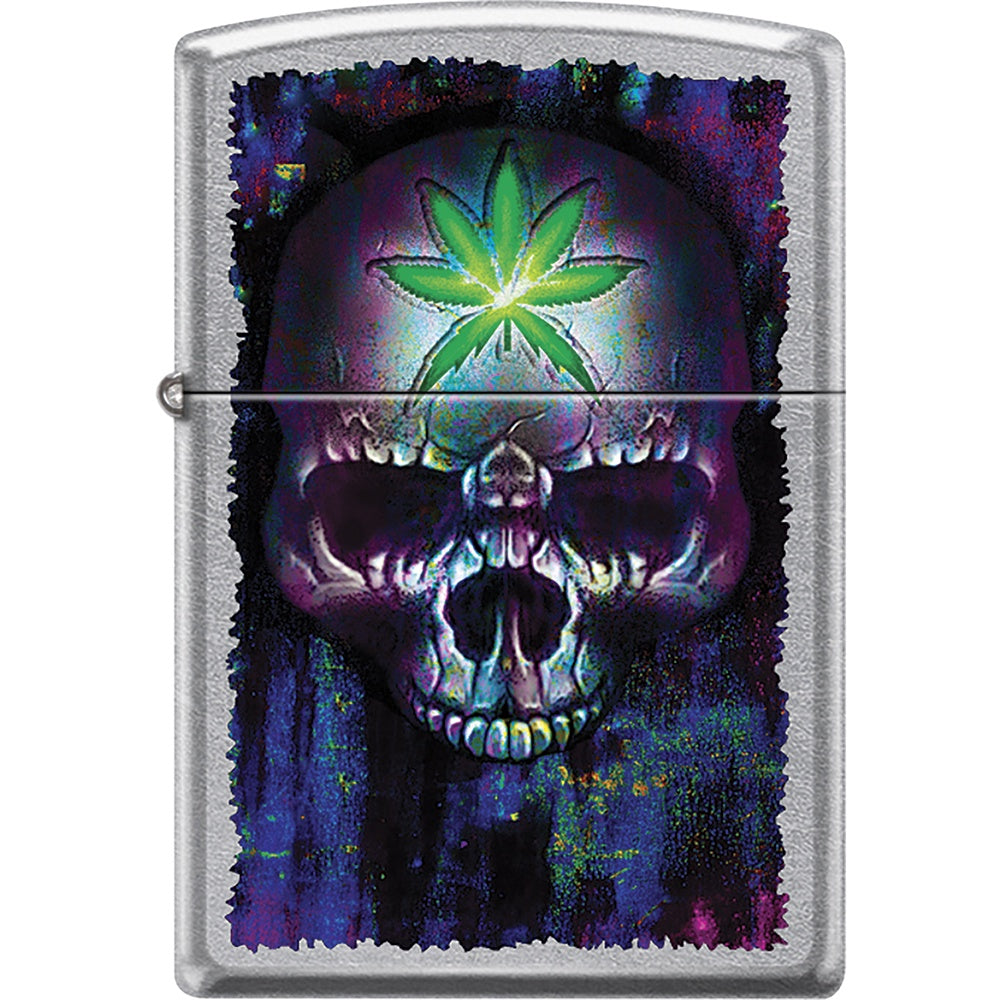Green Cannabis Leaf Purple & Blue Skull Zippo Lighter - Z2024
