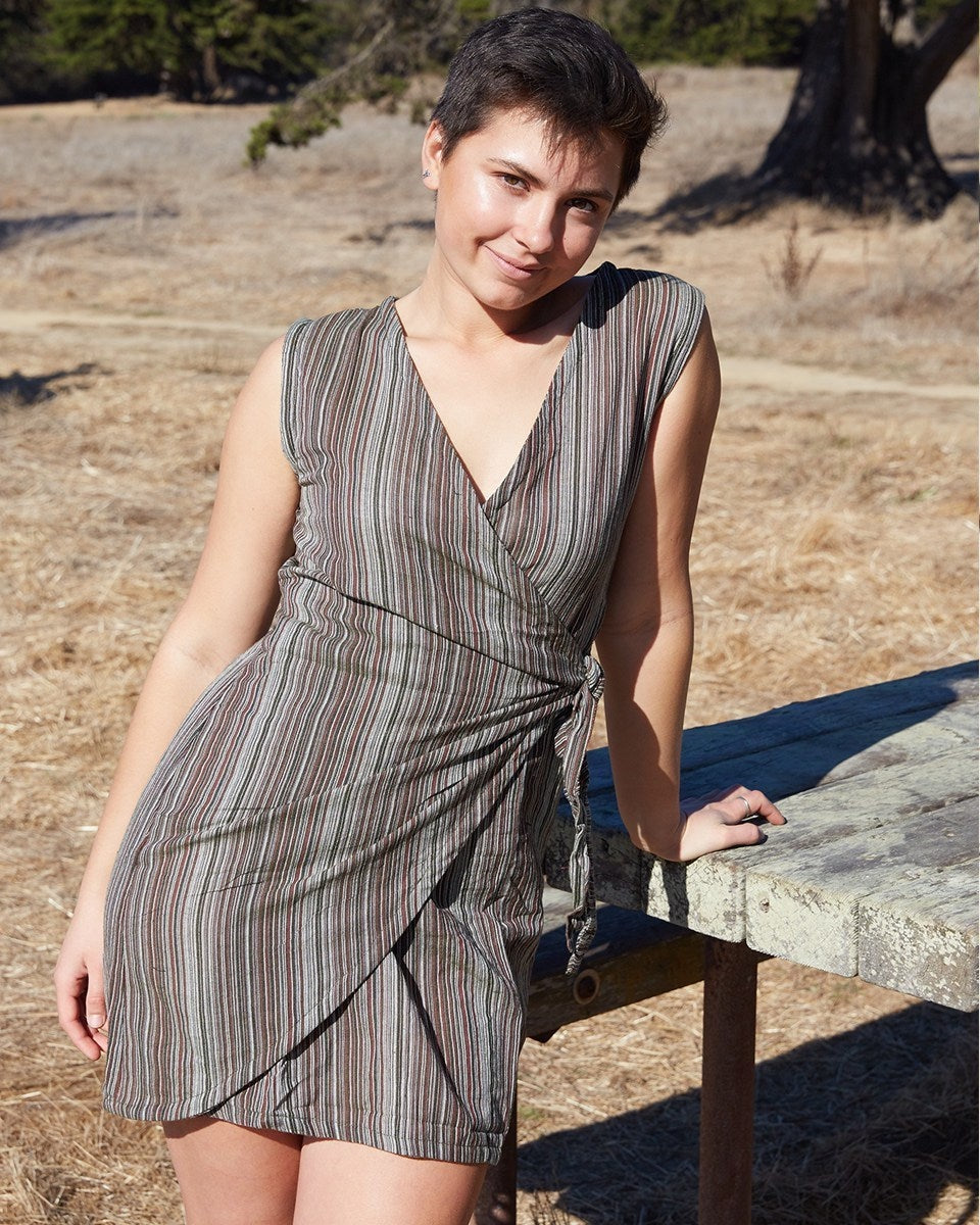 Striped Cotton Sleeveless Wrap Dress - Olive