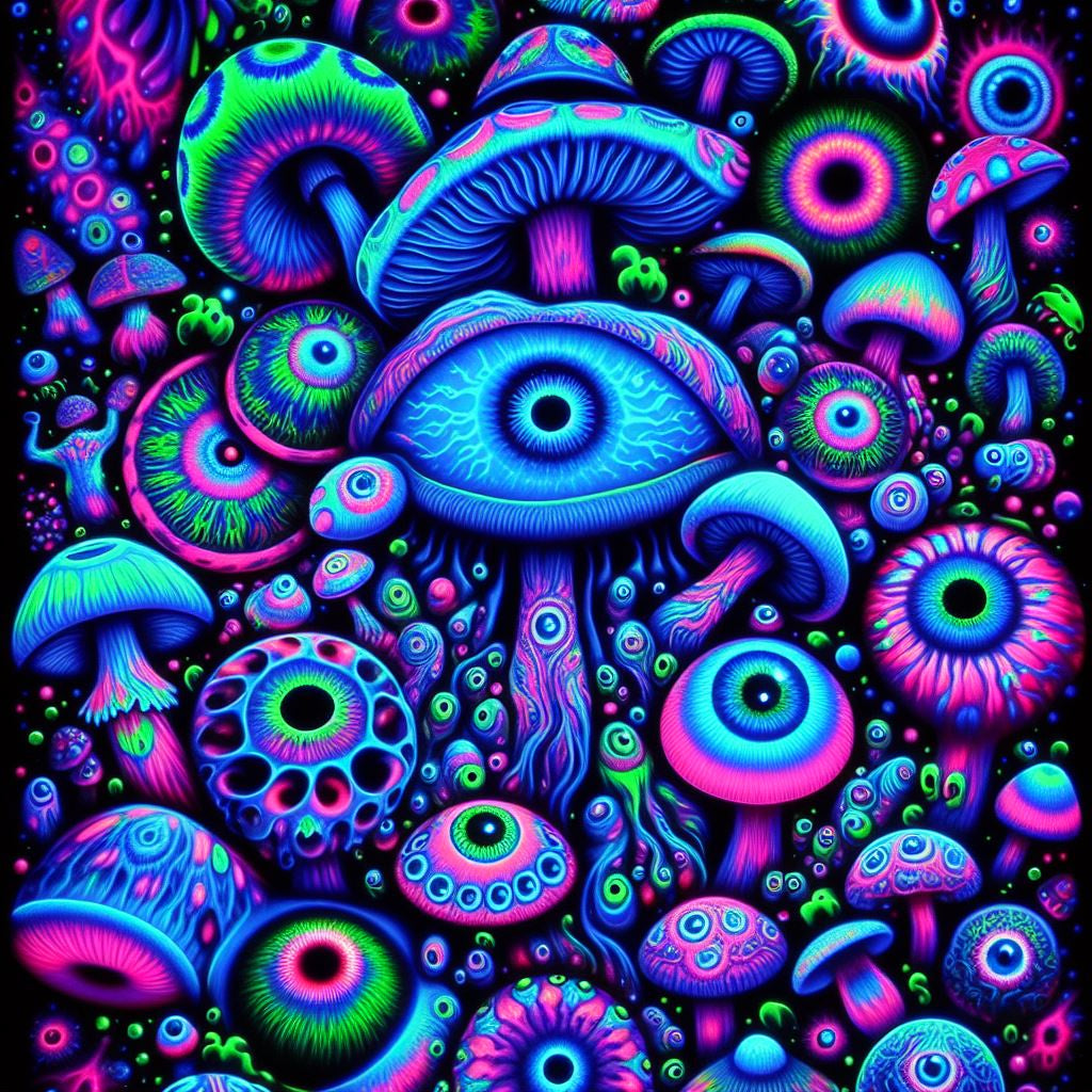 Eyeball Mushrooms Blacklight UV Tapestry 50'' x 60''