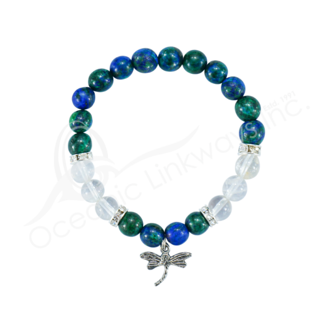 Oceanic - Dyed Chrysocolla & Quartz Crystal Beaded Bracelet w/Dragonfly