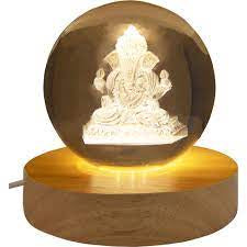 Glass Crystal Ball - 3D Laser Engraved w/ Wood LED Light Base - Ganesha
