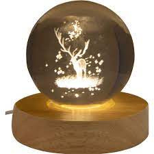 Glass Crystal Ball - 3D Laser Engraved w/ Wood LED Light Base - White Stag