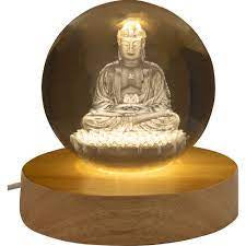 Glass Crystal Ball - 3D Laser Engraved w/ Wood LED Light Base - Buddha
