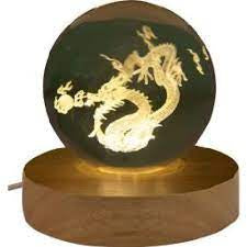 Glass Crystal Ball - 3D Laser Engraved w/ Wood LED Light Base - Chinese Dragon
