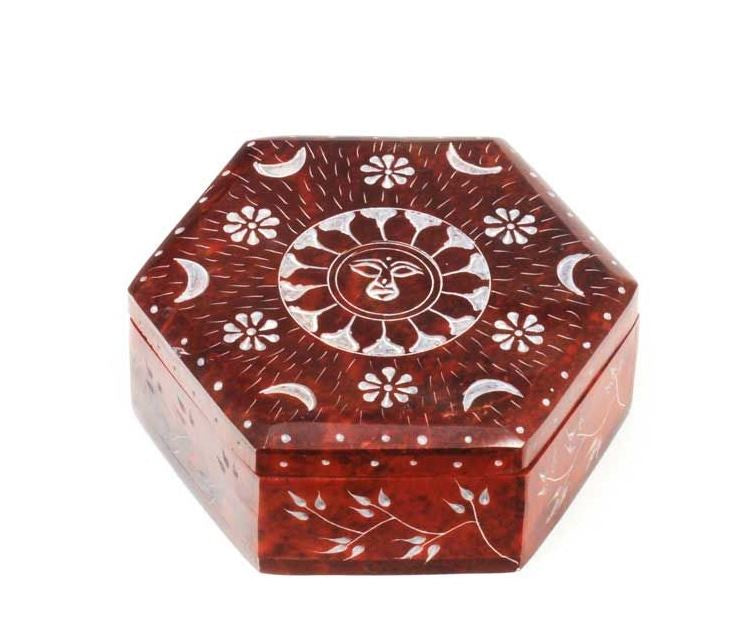 Hand Carved Hexagon Celestial Soapstone Box