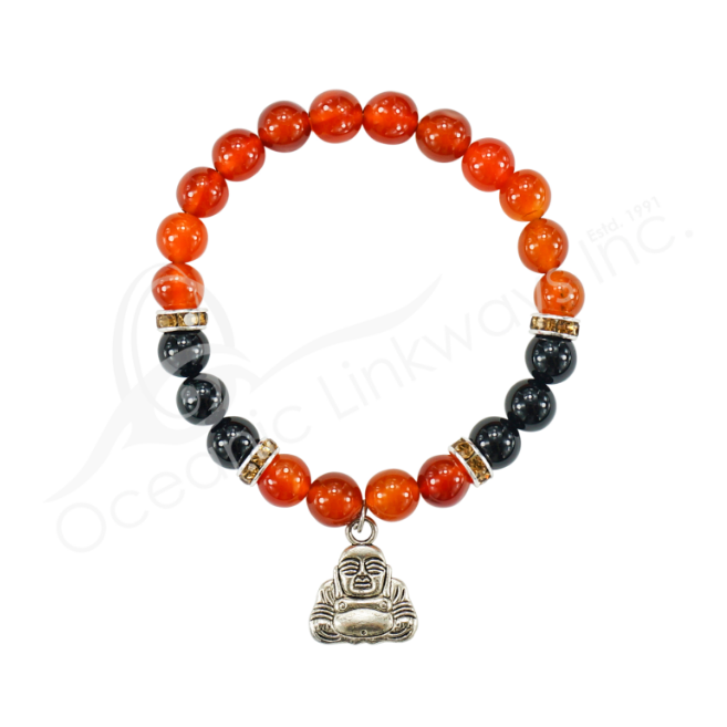 Oceanic - Carnelian & Black Onyx Beaded Bracelet w/Happy Buddha