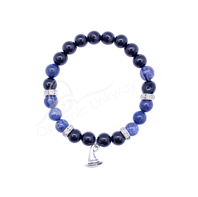 Oceanic - Black Tourmaline & Dumortierite Beaded Bracelet w/Witch Hat