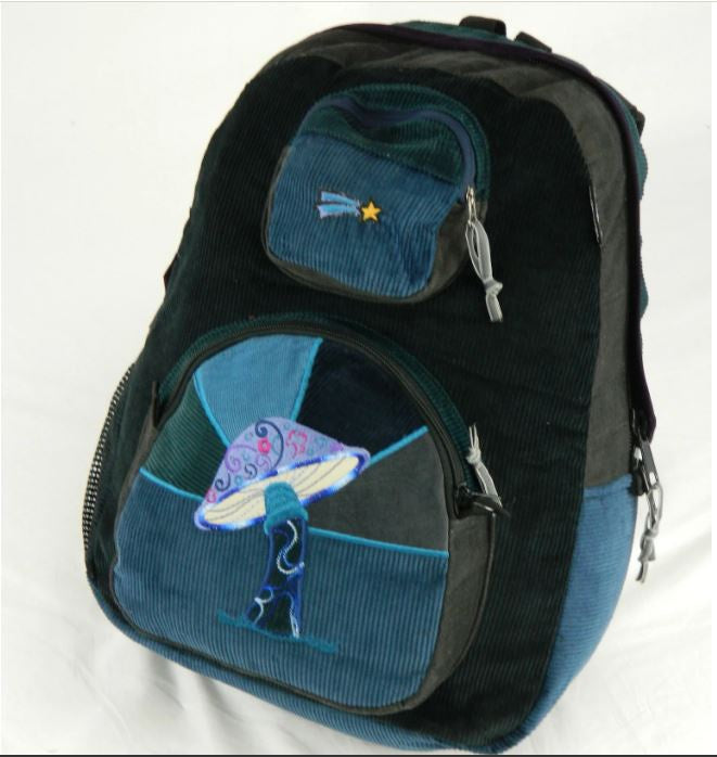 Ixchel - Patchwork Corduroy Backpack w/Mushroom Applique