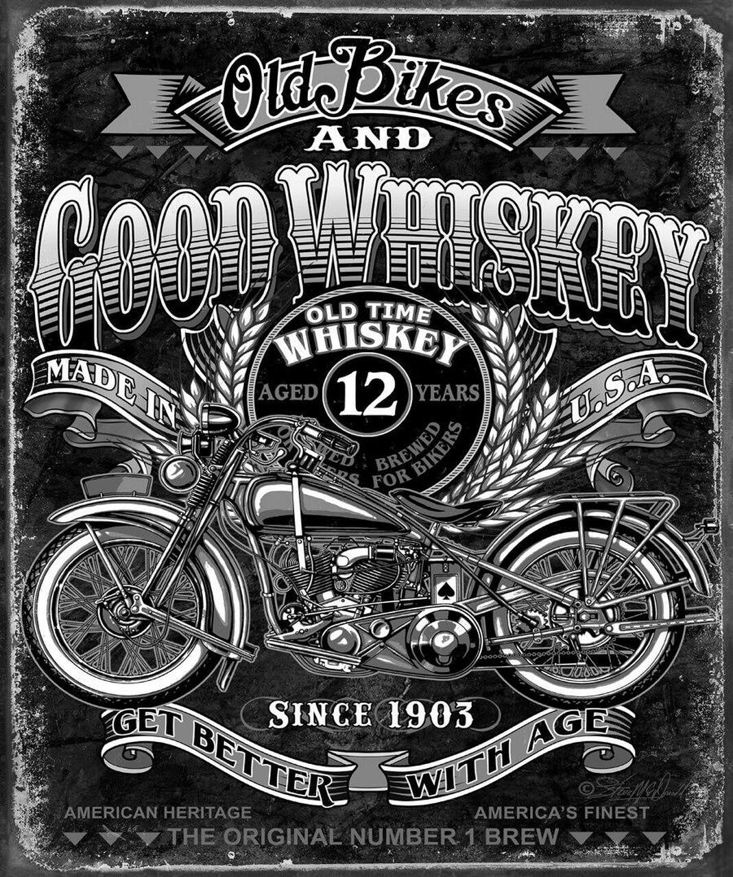 Old Bikes and Good Whiskey Tin Sign