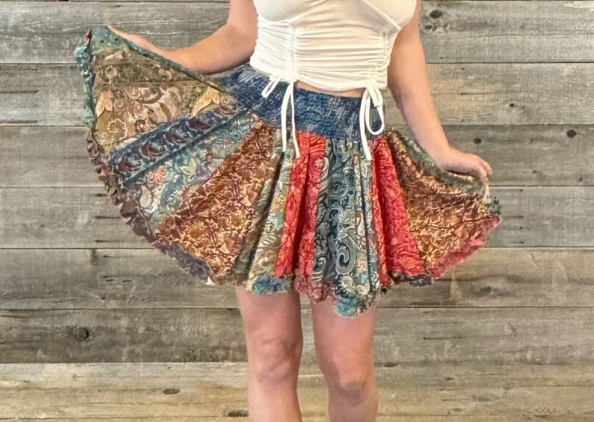 Jayli - "MYSTIC MINI SKIRT" Sari Rayon Paneled Patchwork Mini Skirt