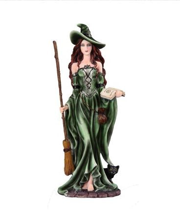 GSC - Green Witch w/Broom & Black Cat Statue