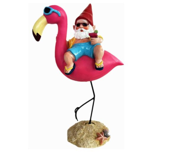 Funny Guy - Gnome Riding A Flamingo Statue