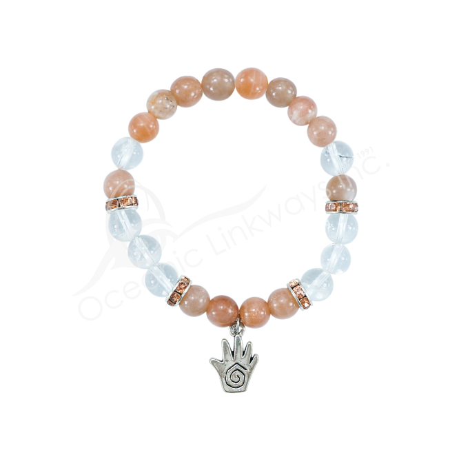 Oceanic - Peach Moonstone & Quartz Crystal Beaded Bracelet w/Spiral Hand