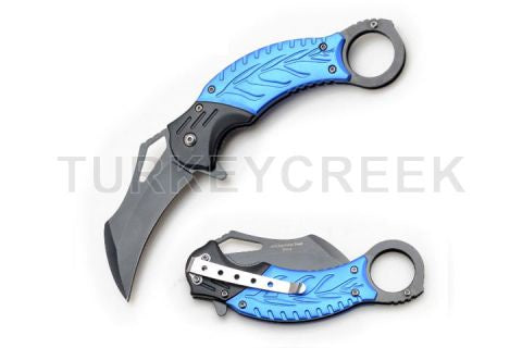 Karambit Style Spring Assist Knife 5" Closed Blue Handle