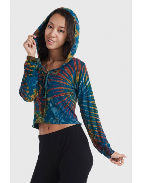 Long Sleeve Tie Dye Hooded Crop Top
