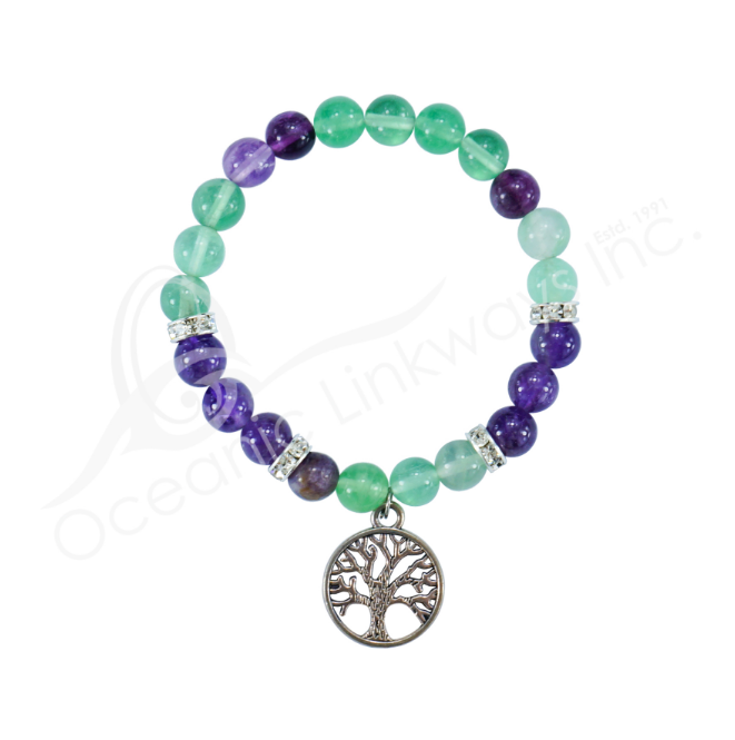 Oceanic - Rainbow Fluorite & Amethyst Beaded Bracelet w/Tree of Life