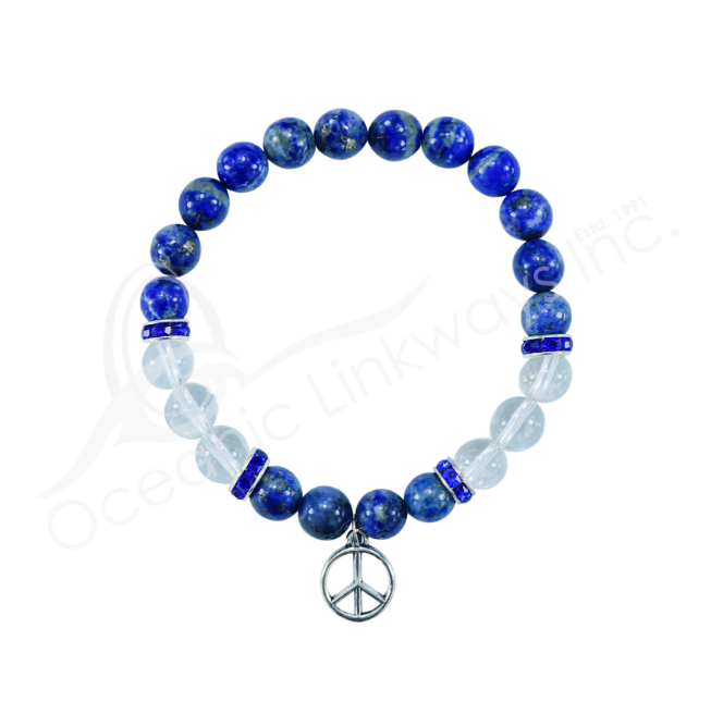 Oceanic - Lapis Lazuli & Quartz Crystal Beaded Bracelet w/Peace Sign